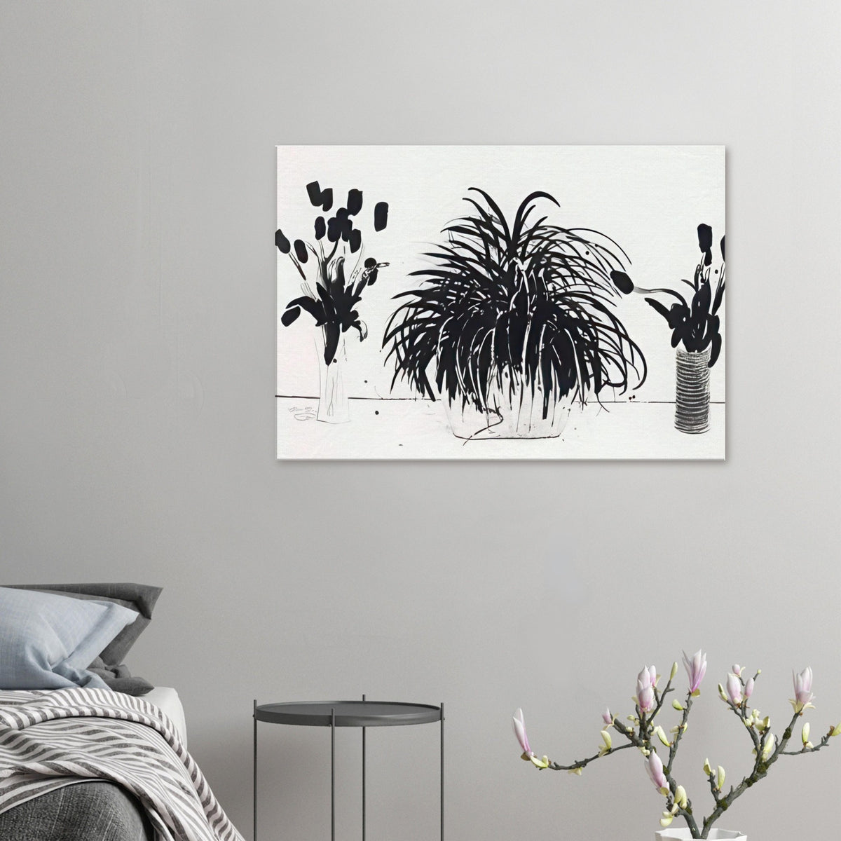 Two Vases Of Cut Flowers And A Liriope Plant by David Hockney, canvas print showing cut flowers in two vases beside a leafy liriope plant.