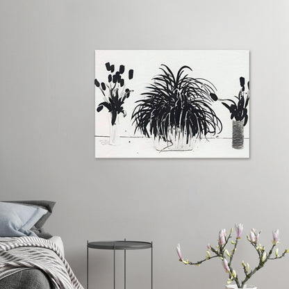 Two Vases Of Cut Flowers And A Liriope Plant by David Hockney, canvas print showing cut flowers in two vases beside a leafy liriope plant.