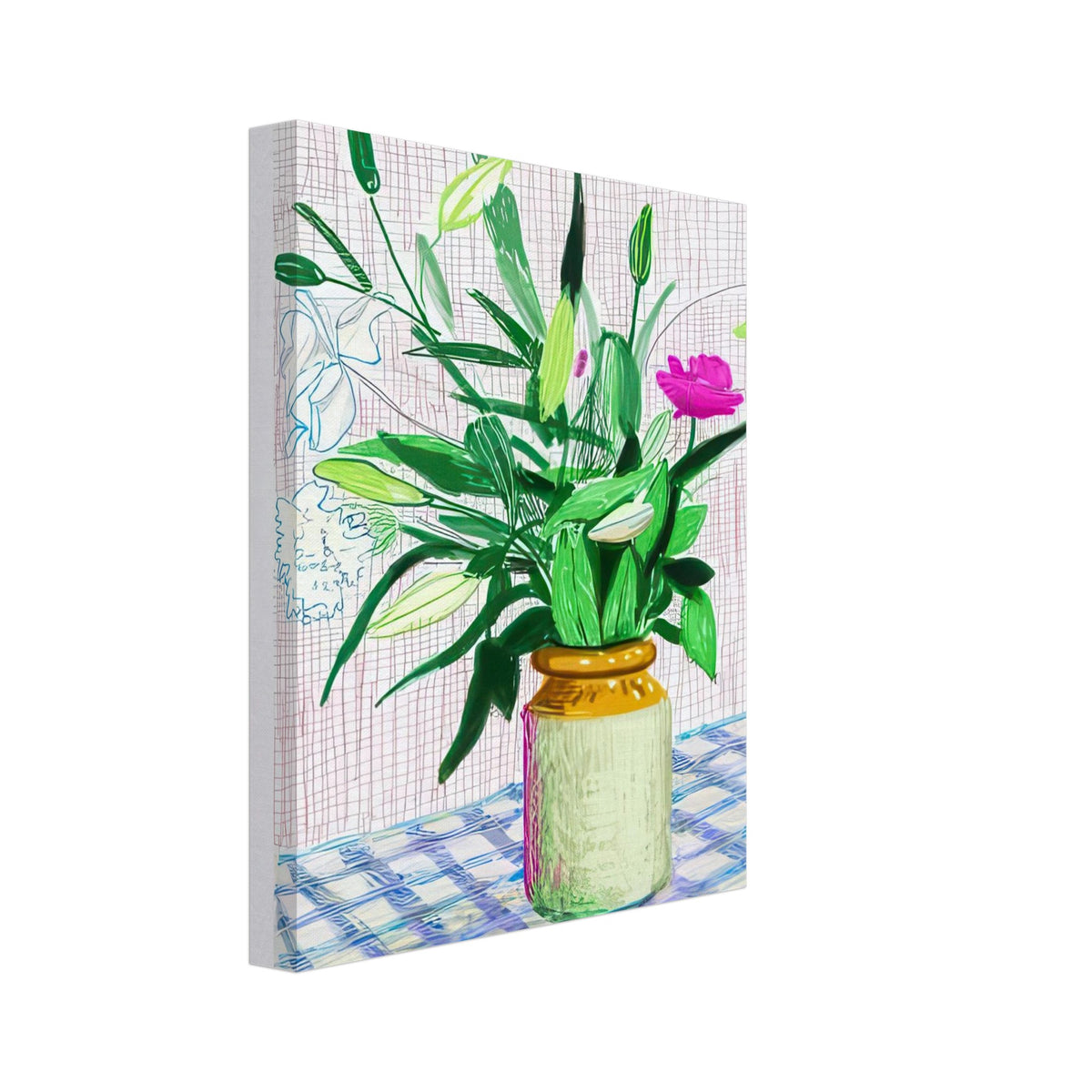 David Hockney, Untitled No. 516, flowers and ferns in a vase on a blue checked table, canvas print, 70 × 100 cm (28 × 40 in)
