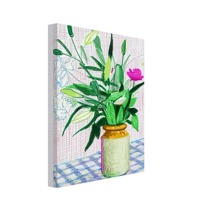 David Hockney, Untitled No. 516, flowers and ferns in a vase on a blue checked table, canvas print, 70 × 100 cm (28 × 40 in)