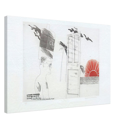 The Start Of A Spending Spree And The Door Opening For A Blonde by David Hockney, canvas print showing open doorway, symbolic objects and a red sun motif, 70 × 100 cm (28 × 40 in).