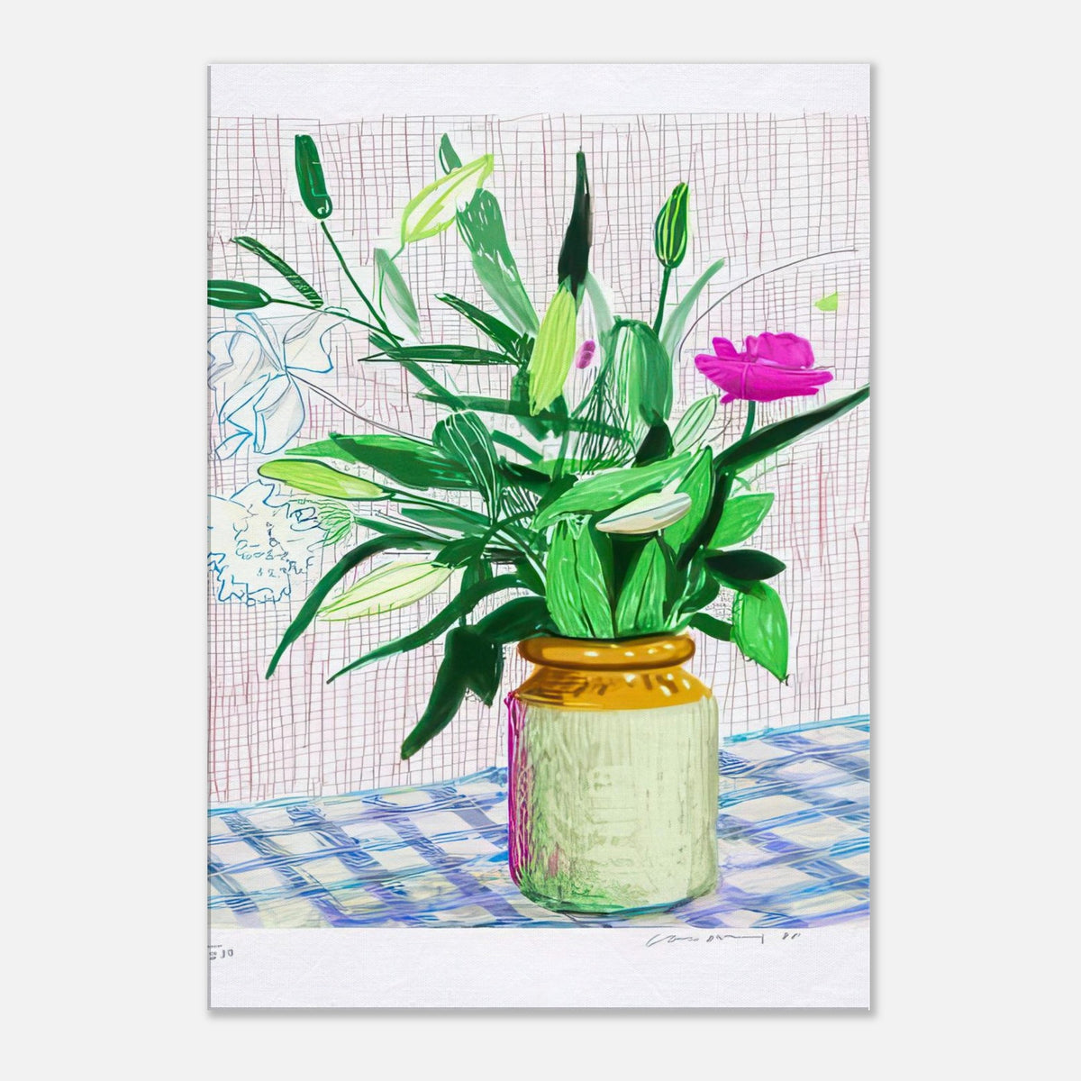 David Hockney, Untitled No. 516, flowers and ferns in a vase on a blue checked table, canvas print