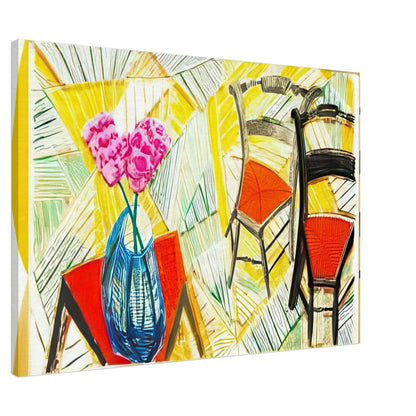 Walking Past Two Chairs by David Hockney, canvas print showing two wooden chairs at contrasting angles with bold red seats, 30 × 45 cm (12 × 18 in).