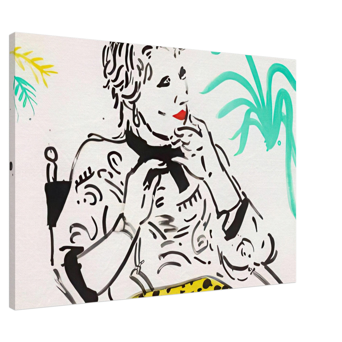 Celia With Green Plant by David Hockney, canvas print showing Celia seated beside a green plant, with patterned clothing and bold linework, 30 × 45 cm (12 × 18 in).