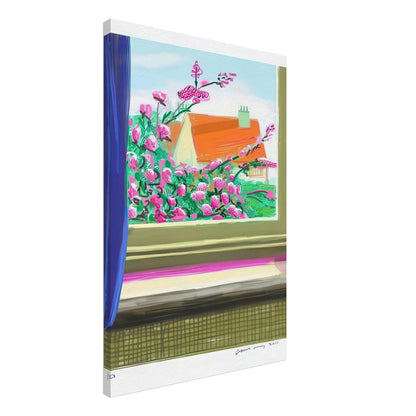 David Hockney, Untitled No. 778, flowers and a red-roofed house seen through a window, canvas print, 60 × 90 cm (24 × 36 in)