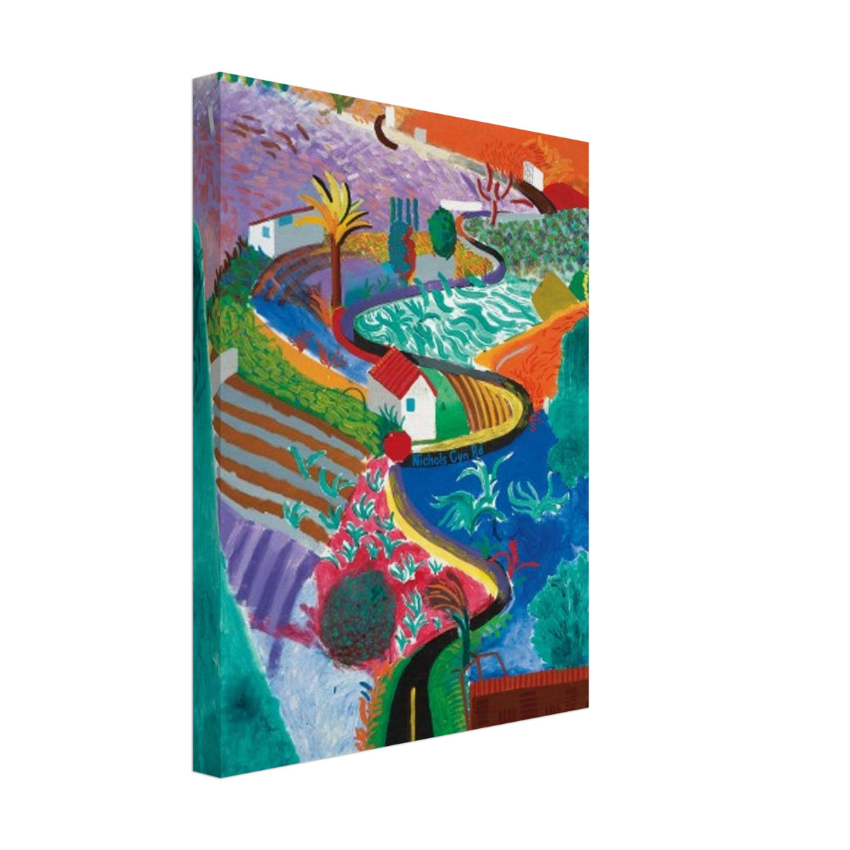 David Hockney, Nichols Canyon, colourful California landscape with a winding road, canvas print, 30 × 30 cm (12 × 12 in)