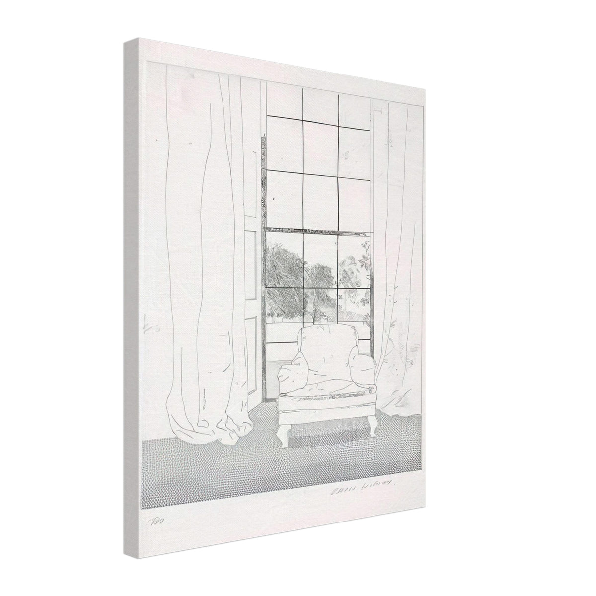 David Hockney, Home, armchair beside a curtained window overlooking a garden, canvas print, 50 × 75 cm (20 × 30 in)