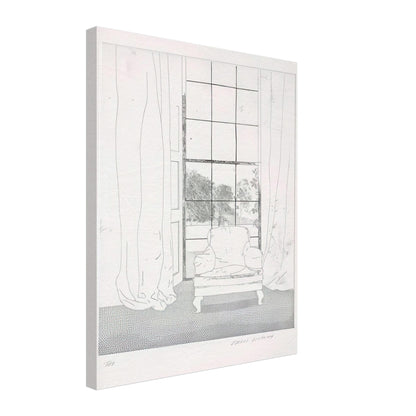 David Hockney, Home, armchair beside a curtained window overlooking a garden, canvas print, 50 × 75 cm (20 × 30 in)