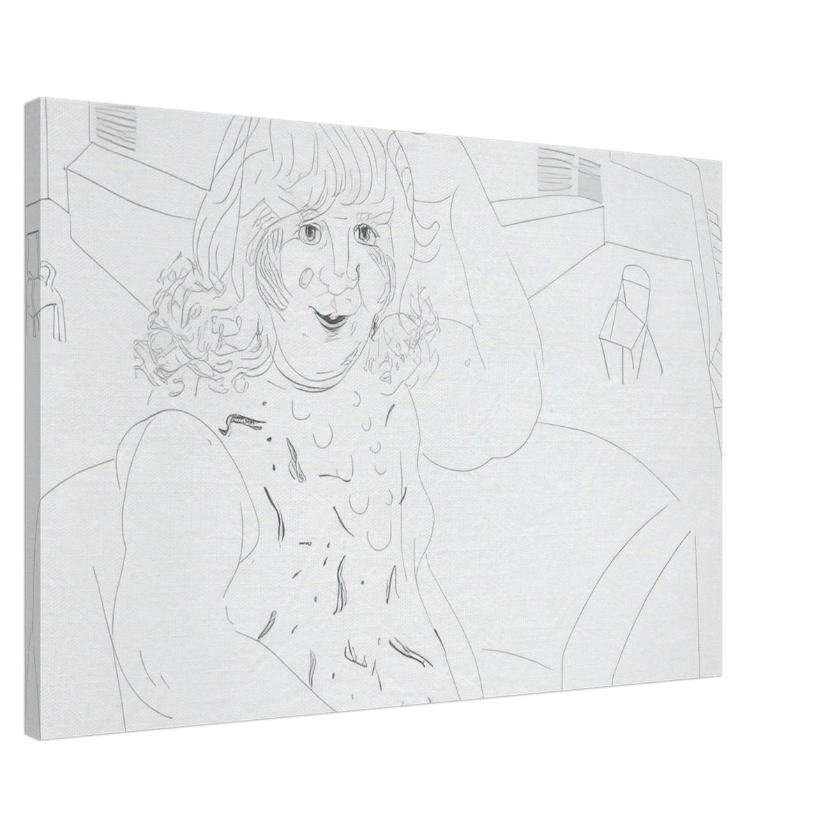 David Hockney canvas print of Ann In The Studio, showing an artist's workspace, an unfinished canvas and a garden view through a door, size 70 × 100 cm (28 × 40 in).