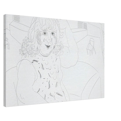 David Hockney canvas print of Ann In The Studio, showing an artist's workspace, an unfinished canvas and a garden view through a door, size 70 × 100 cm (28 × 40 in).