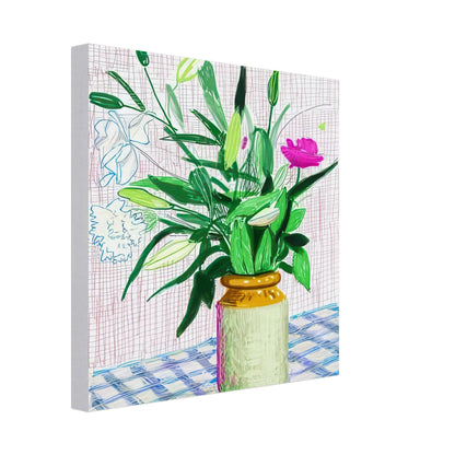 David Hockney, Untitled No. 516, flowers and ferns in a vase on a blue checked table, canvas print, 50 × 75 cm (20 × 30 in)