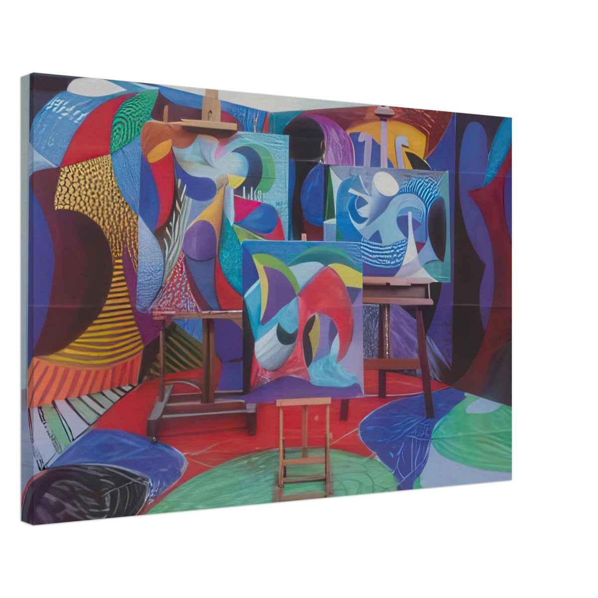 David Hockney canvas print of Painted Environment II, depicting three canvases on easels within a patterned interior, size 70 × 100 cm (28 × 40 in).