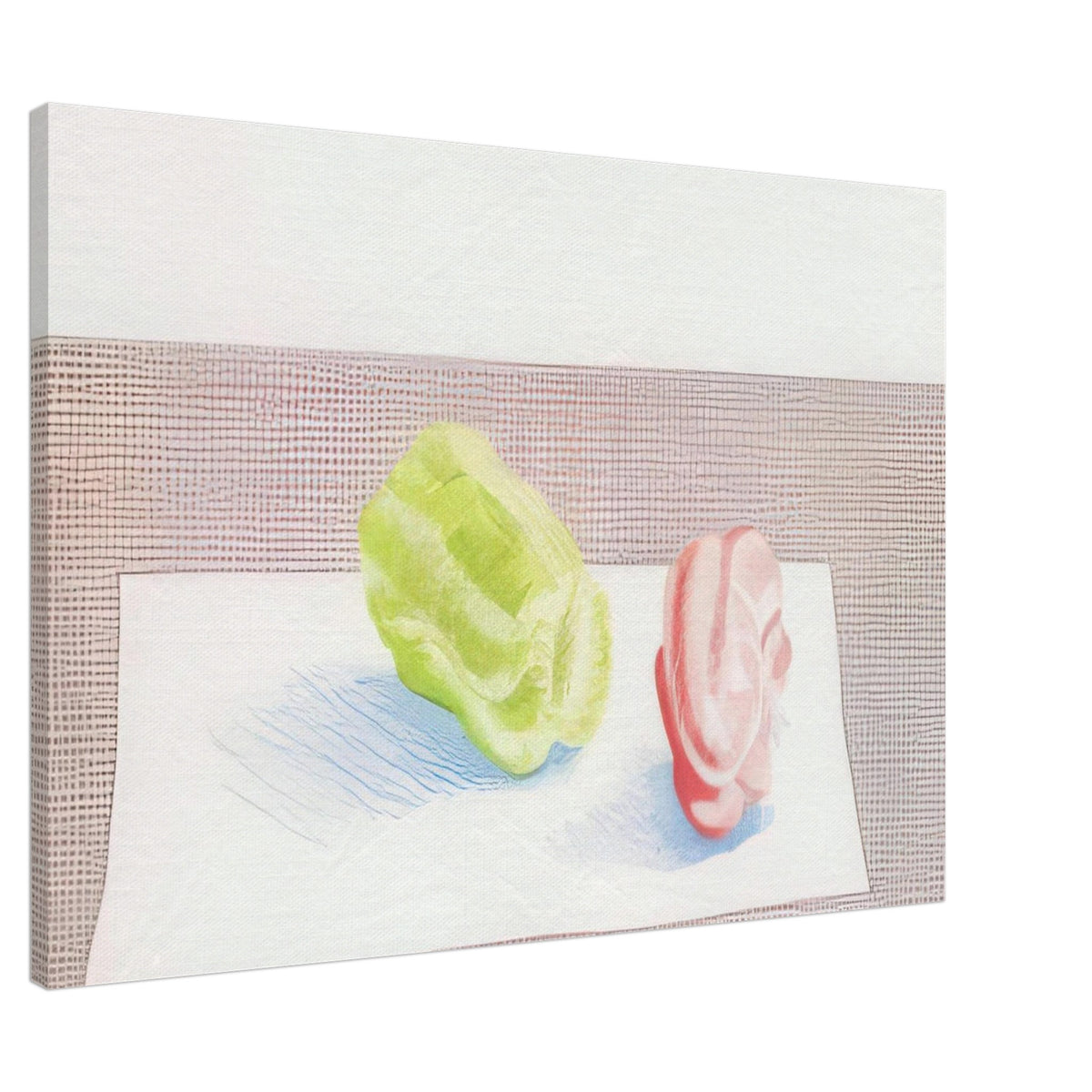 Two Peppers by David Hockney, canvas print showing red and green bell peppers against a textured background with blue shadows, 30 × 45 cm (12 × 18 in).
