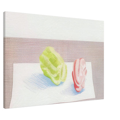 Two Peppers by David Hockney, canvas print showing red and green bell peppers against a textured background with blue shadows, 30 × 45 cm (12 × 18 in).