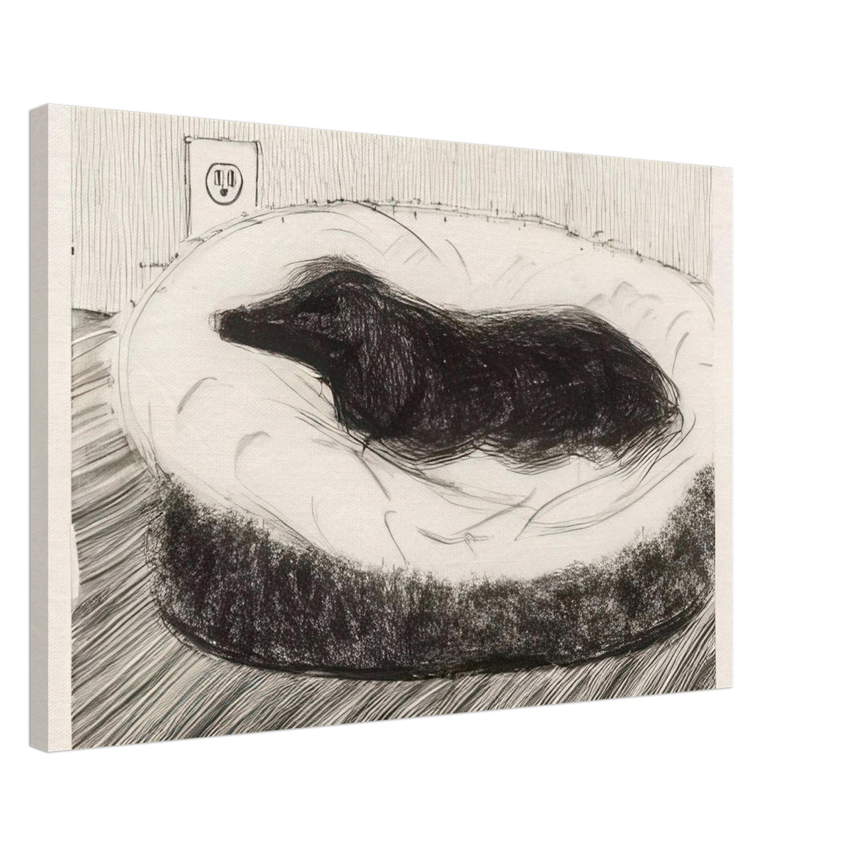 Dog Etching No. 5 by David Hockney, canvas print showing dark-coated dog resting on a cushioned seat in etched black-and-white lines, 50 × 75 cm (20 × 30 in).