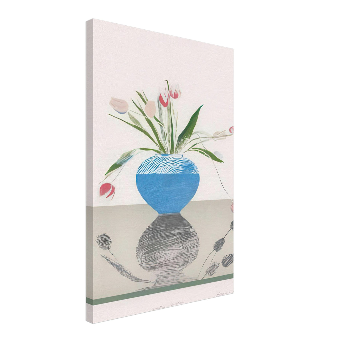 David Hockney, Pretty Tulips, pink and red tulips in a blue vase, canvas print, 40 × 50 cm (16 × 20 in)
