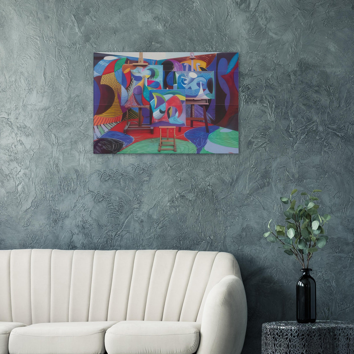 David Hockney canvas print of Painted Environment II, depicting three canvases on easels within a patterned interior.