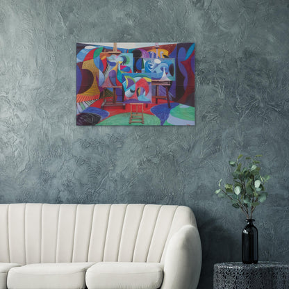 David Hockney canvas print of Painted Environment II, depicting three canvases on easels within a patterned interior.