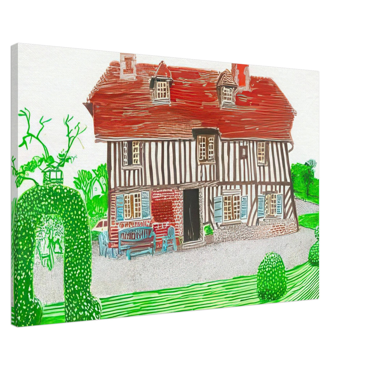 In Front Of House Looking North by David Hockney, canvas print showing Normandy country house, garden and lush greenery, 50 × 75 cm (20 × 30 in).