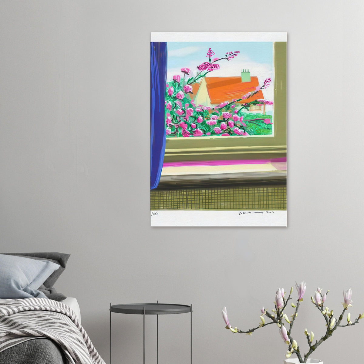 David Hockney, Untitled No. 778, flowers and a red-roofed house seen through a window, canvas print