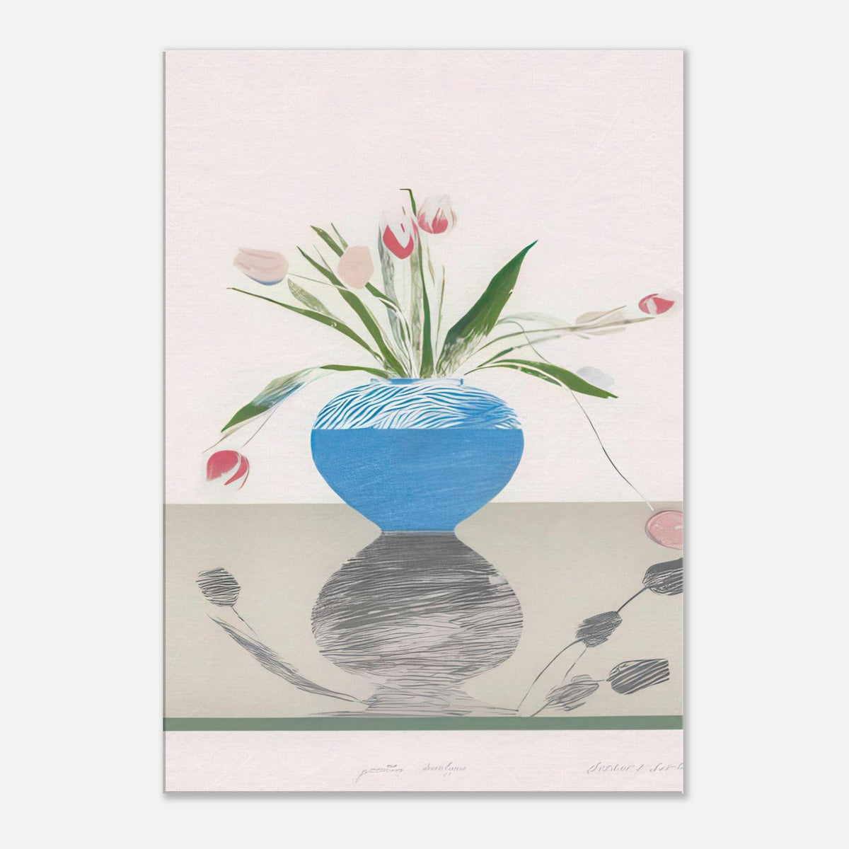 David Hockney, Pretty Tulips, pink and red tulips in a blue vase, canvas print