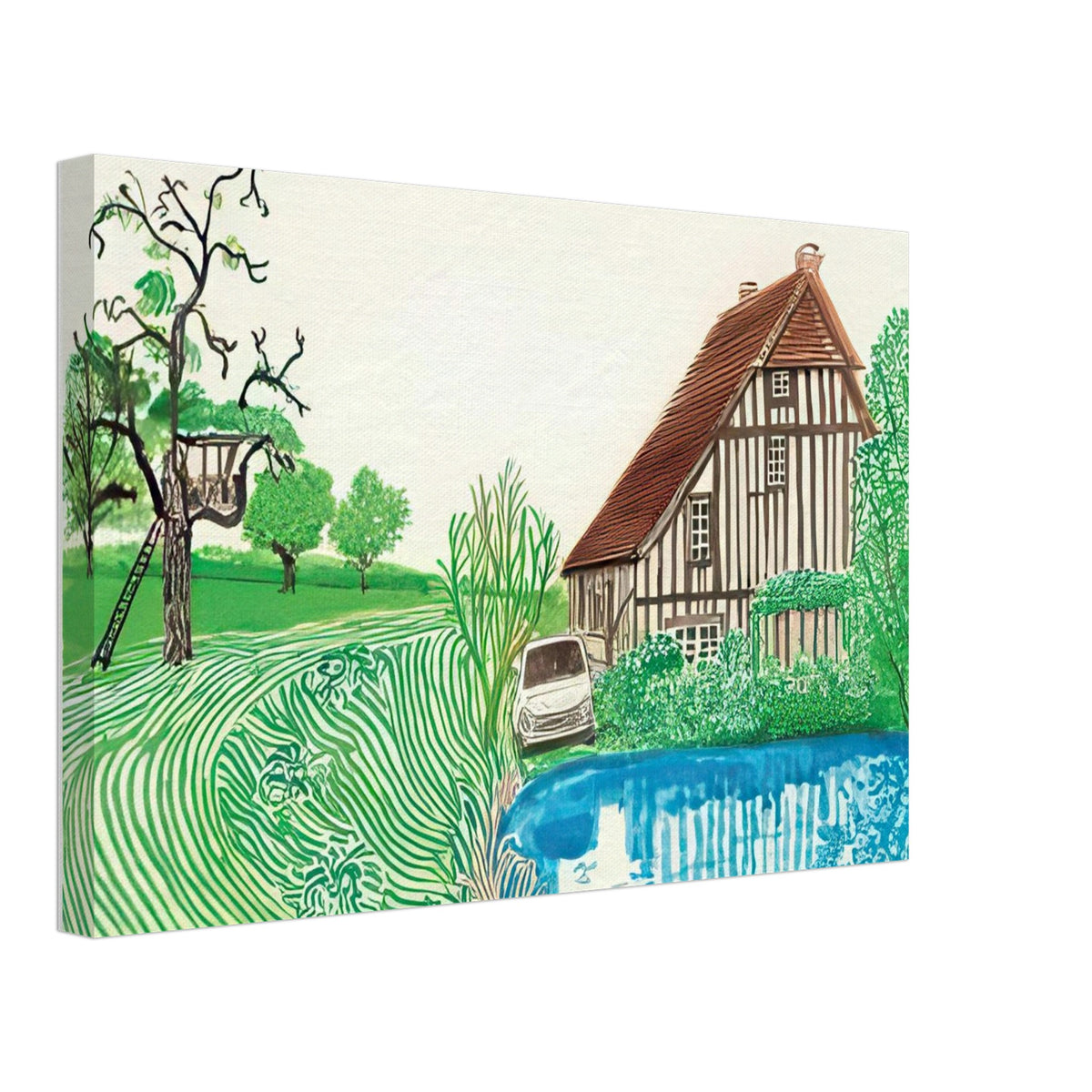 In Front Of House Looking East by David Hockney, canvas print showing Normandy country house, garden and lush greenery, 60 × 90 cm (24 × 36 in).