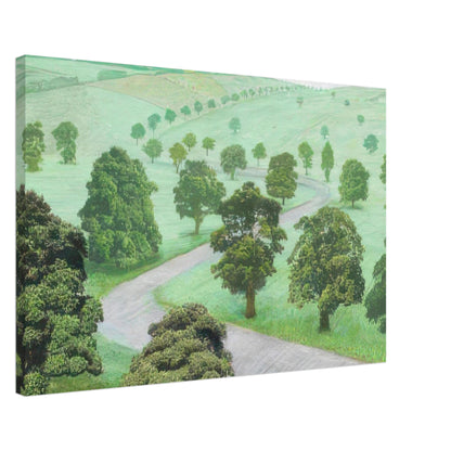 David Hockney canvas print of Green Valley, showing open fields, flowering trees and a winding road in soft, misty colours, size 50 × 75 cm (20 × 30 in).