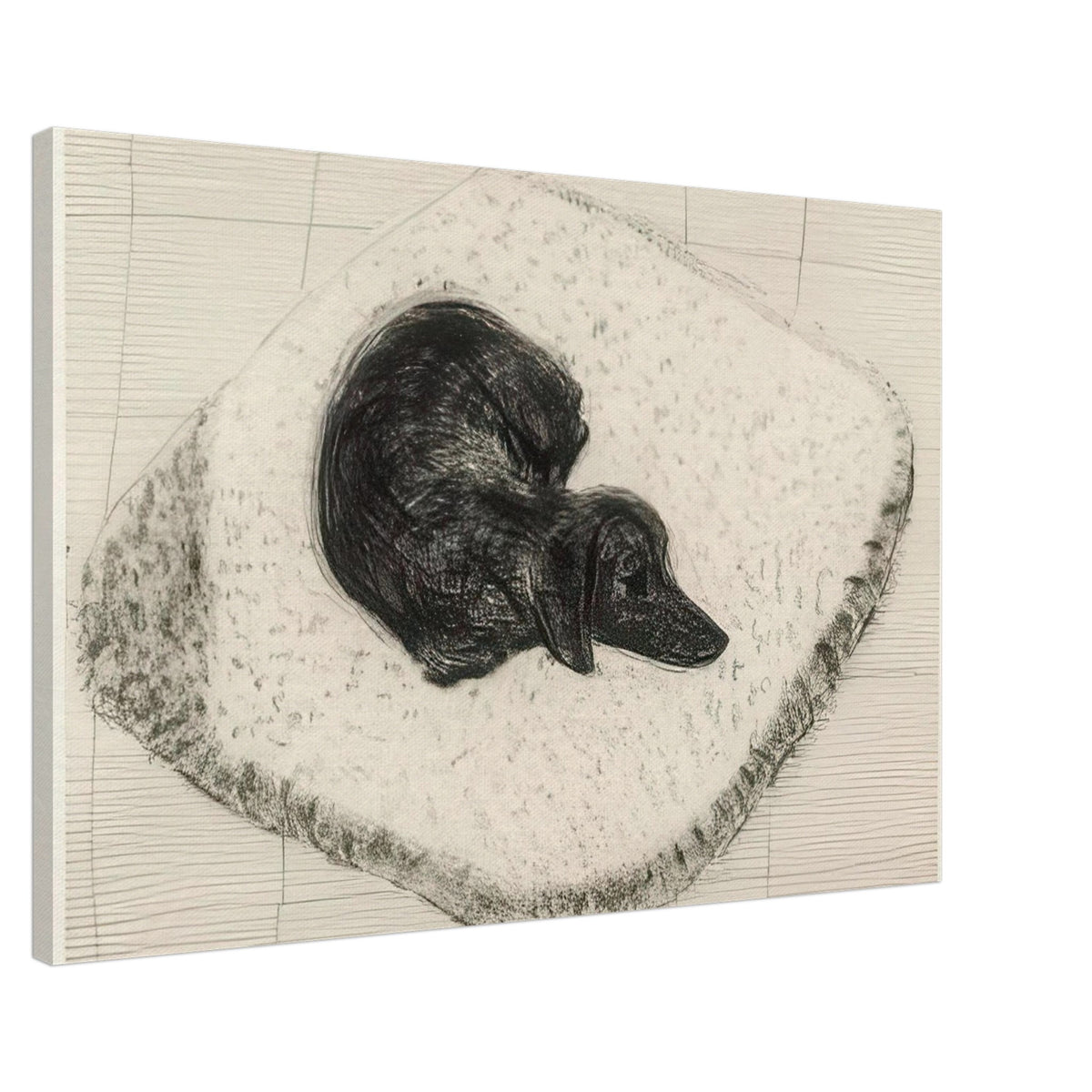 Dog Etching No. 12 by David Hockney, canvas print showing a dark-coated dog curled up on a textured cushion in etched black-and-white lines, 60 × 90 cm (24 × 36 in).