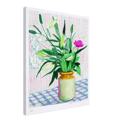 David Hockney, Untitled No. 516, flowers and ferns in a vase on a blue checked table, canvas print, 27 × 35 cm (11 × 14 in)
