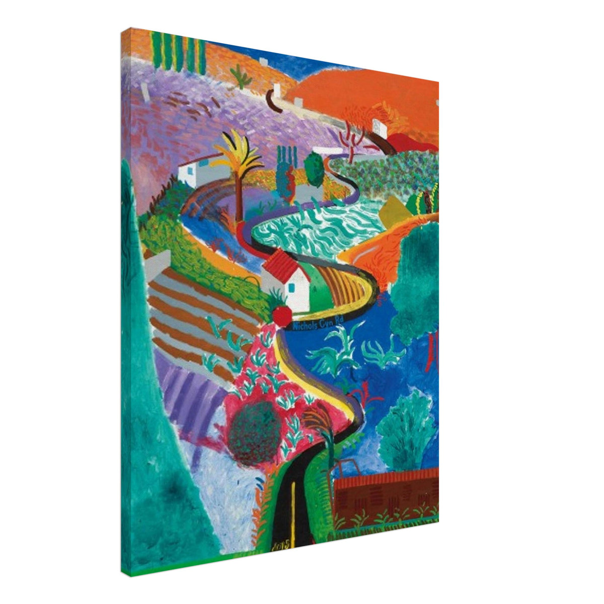 David Hockney, Nichols Canyon, colourful California landscape with a winding road, canvas print, 60 × 90 cm (24 × 36 in)