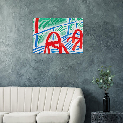 Two Red Chairs by David Hockney, canvas print showing two red chairs against green foliage and blue lines.