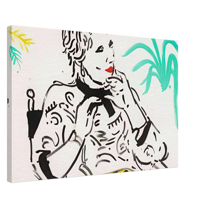 Celia With Green Plant by David Hockney, canvas print showing Celia seated beside a green plant, with patterned clothing and bold linework, 70 × 100 cm (28 × 40 in).