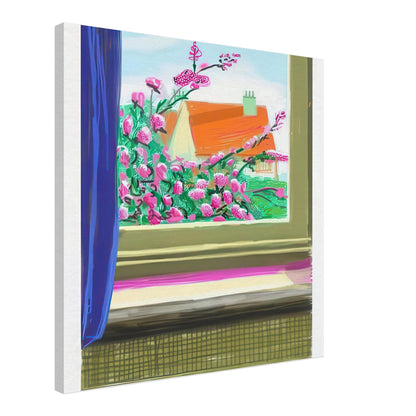 David Hockney, Untitled No. 778, flowers and a red-roofed house seen through a window, canvas print, 60 × 75 cm (24 × 30 in)