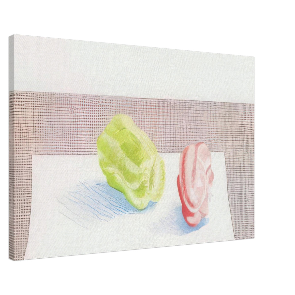 Two Peppers by David Hockney, canvas print showing red and green bell peppers against a textured background with blue shadows, 70 × 100 cm (28 × 40 in).