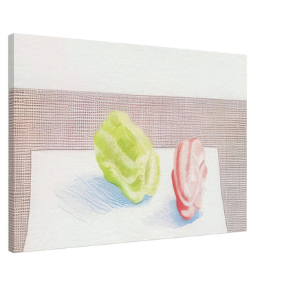 Two Peppers by David Hockney, canvas print showing red and green bell peppers against a textured background with blue shadows, 70 × 100 cm (28 × 40 in).