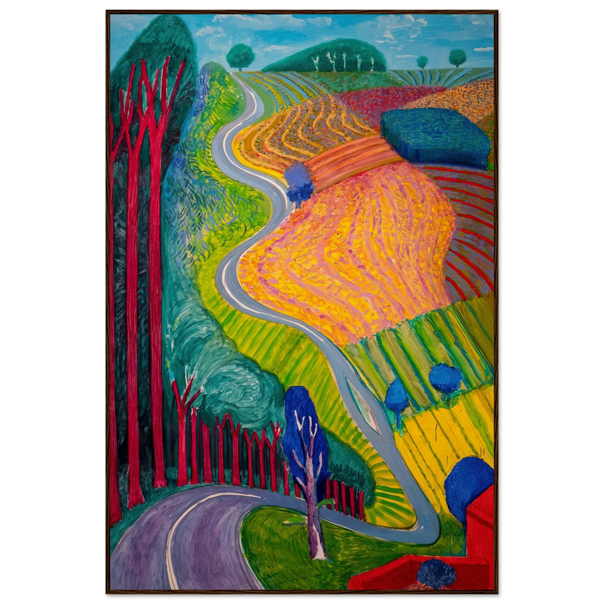 David Hockney Going Up Garrowby Hill framed art print in dark walnut frame