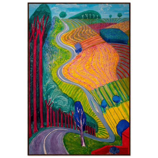 David Hockney Going Up Garrowby Hill framed art print in dark walnut frame