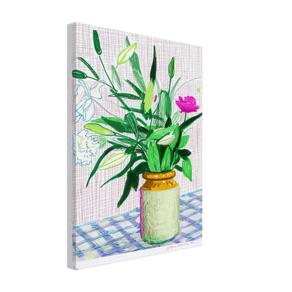 David Hockney, Untitled No. 516, flowers and ferns in a vase on a blue checked table, canvas print, 60 × 80 cm (24 × 32 in)